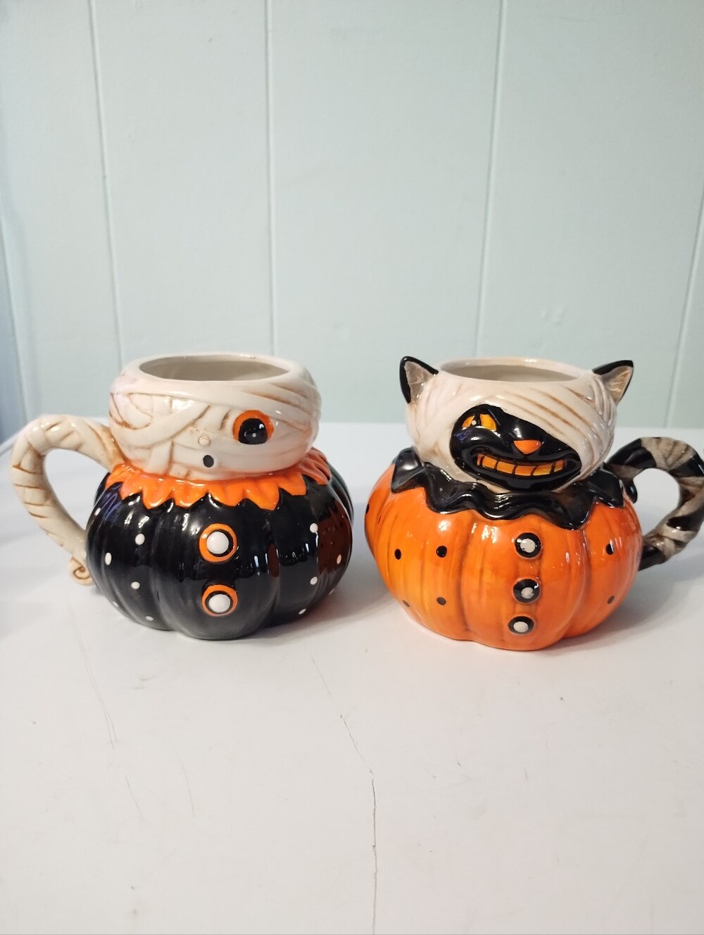 New Johanna Parker Ceramic Halloween "Pumpkin Peeps" & Mummy Mugs